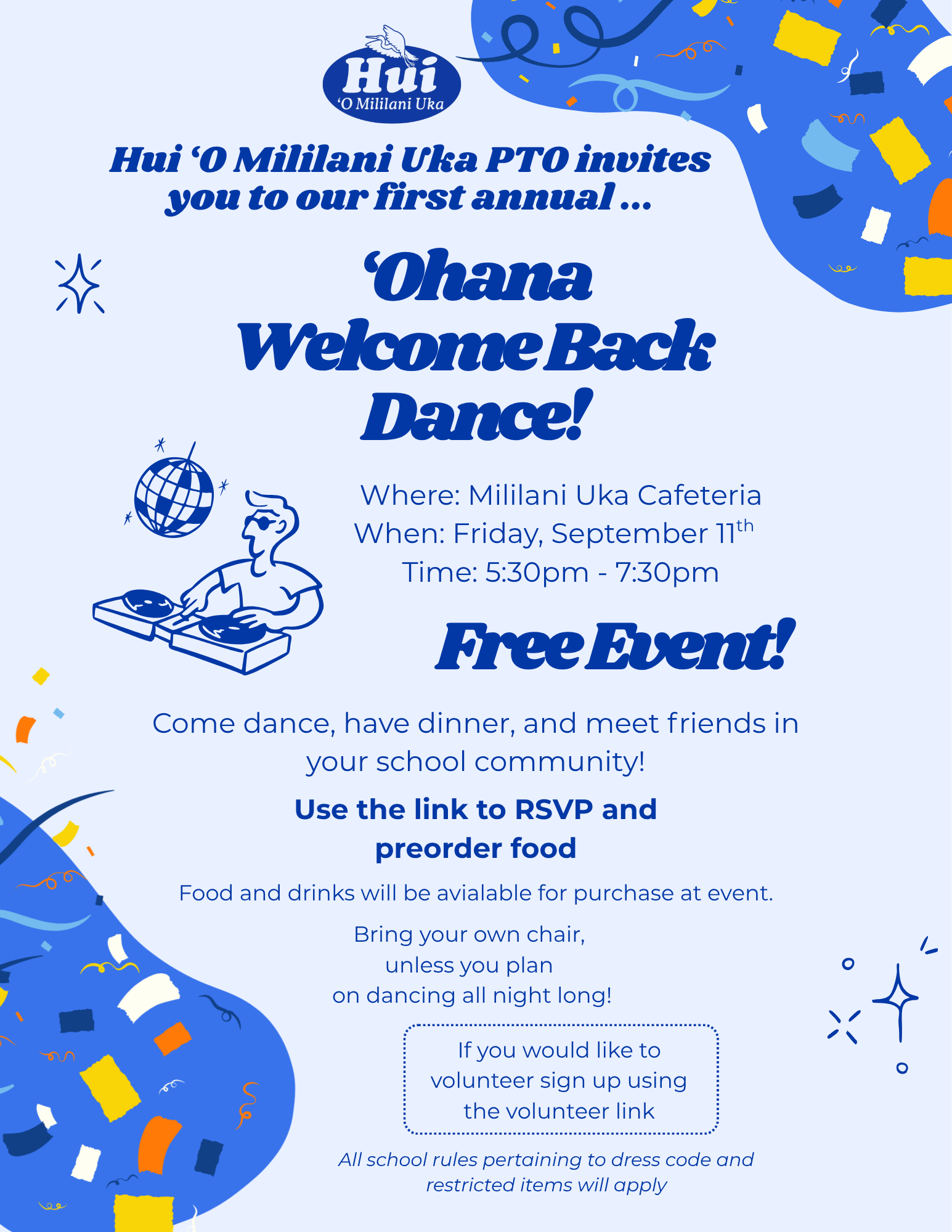 Ohana Welcome Back to School Dance flyer